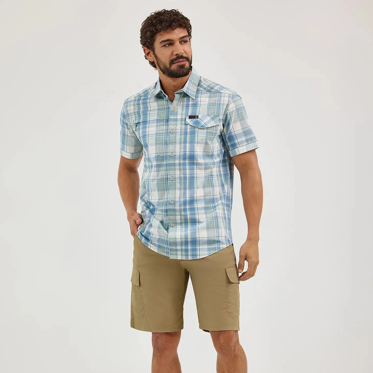 Wrangler ATG Men's S/S Plaid Western Button Down Shirt in Iceberg Plus size clothing