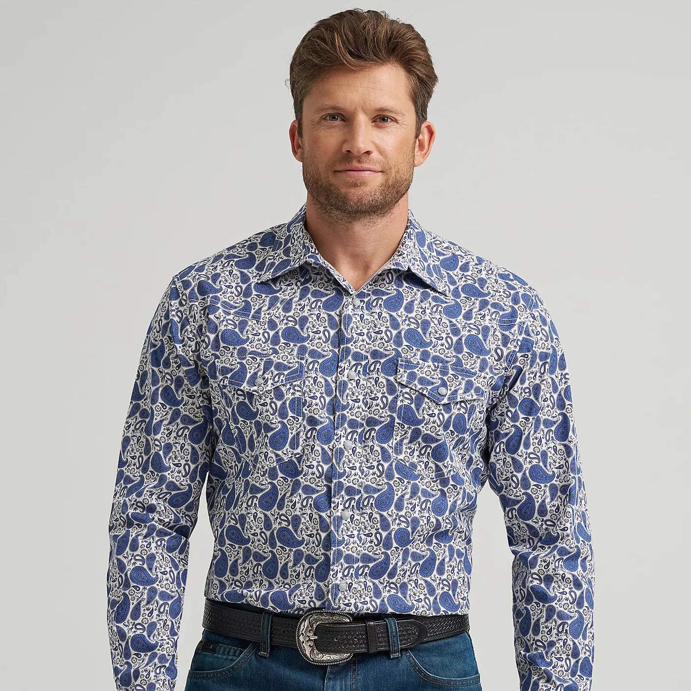 UVProtectionFinish Wrangler Men's 20X L/S Competition Western Snap Shirt in Atlantic Paisley (Available in Tall Sizes!)