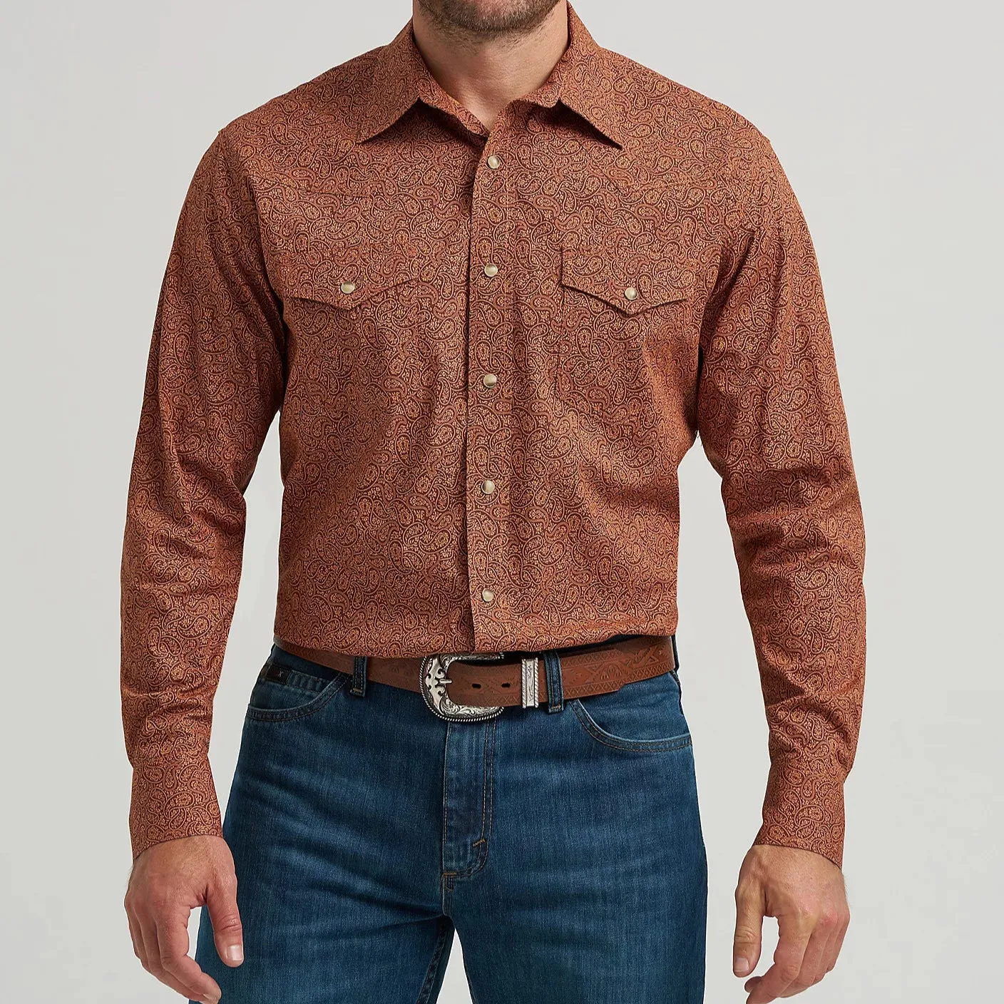 Wrangler Men's 20X L/S Competition Western Snap Shirt in Rustic Brown Paisley Versatile Look