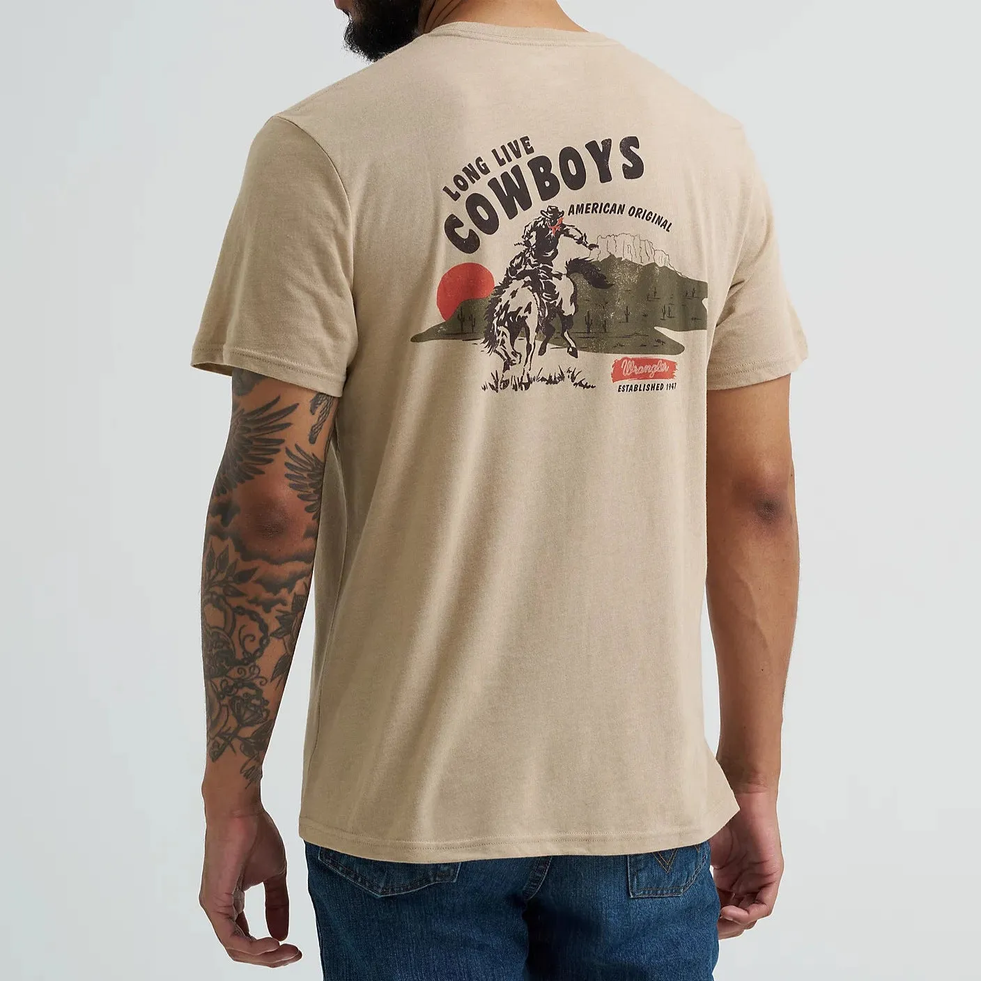 Flattering Design Wrangler Men's Bucking Cowboy Graphic T-Shirt in Trenchcoat