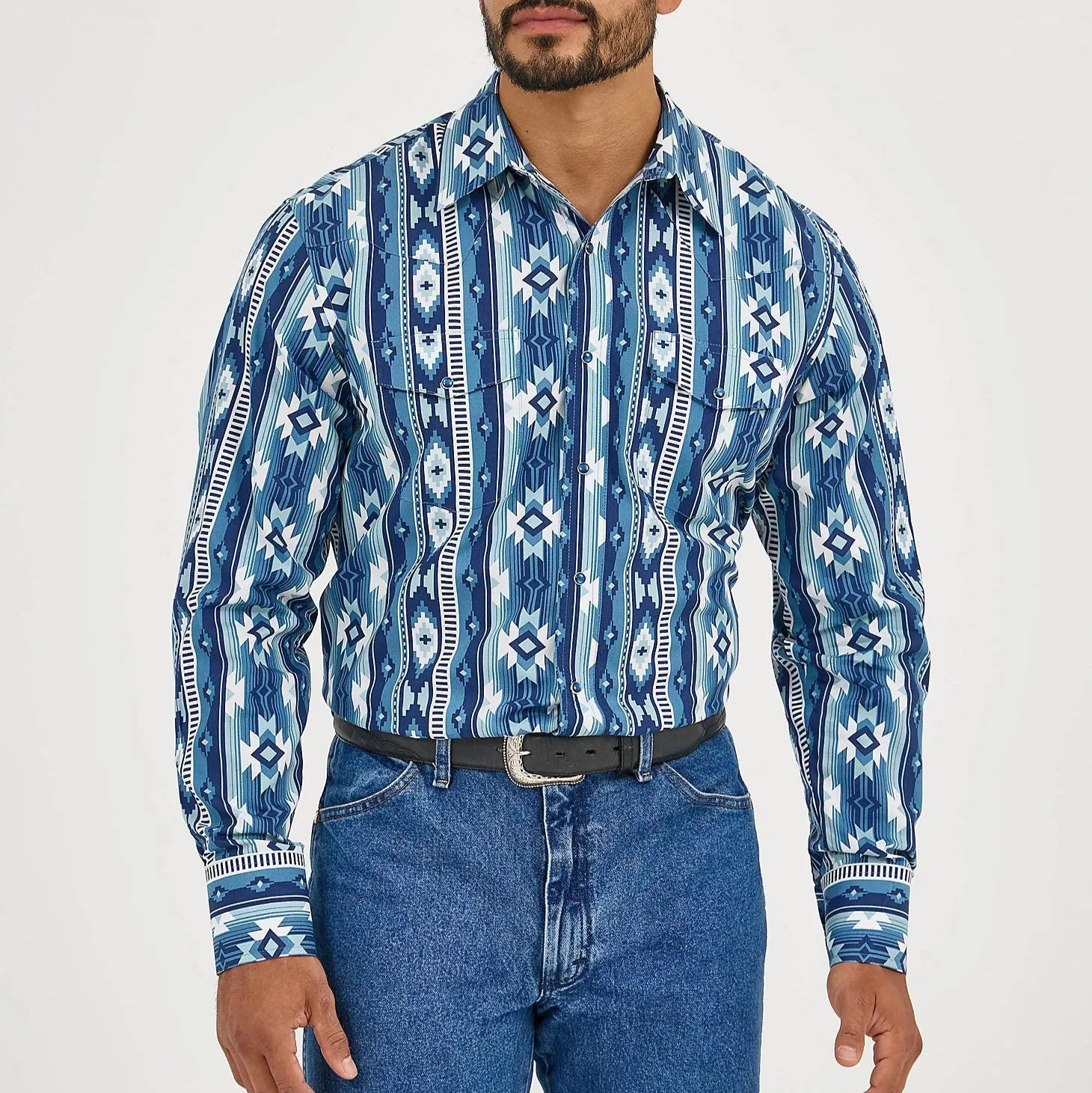 Wrangler Men's Checotah L/S Western Snap Shirt in Ocean Blue (Tall Sizes Available) Moisture Wicking Technology Comfy Essentials Wear