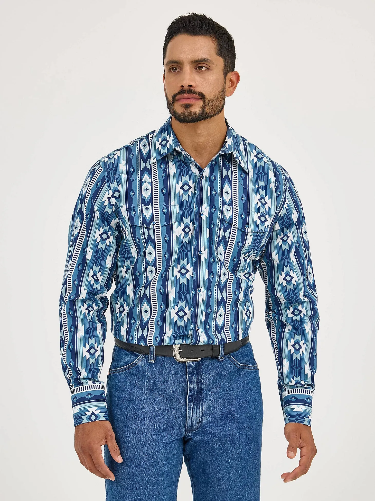 Wrangler Men's Checotah L/S Western Snap Shirt in Ocean Blue (Tall Sizes Available) SlimFitDesign Vintage authenticity