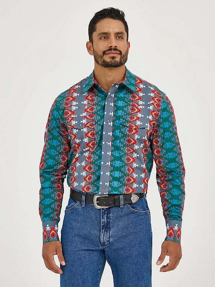 Wrangler Men's Checotah L/S Western Snap Shirt in Ocean Fire (Tall Sizes Available) Cozy Wardrobe Basic Wear