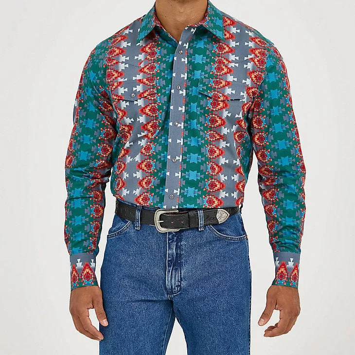Wrangler Men's Checotah L/S Western Snap Shirt in Ocean Fire (Tall Sizes Available) NonRestrictive Cut
