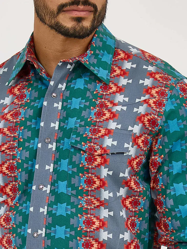 Wrangler Men's Checotah L/S Western Snap Shirt in Ocean Fire (Tall Sizes Available) SeamFreeShoulders Durable Colorfast Finish