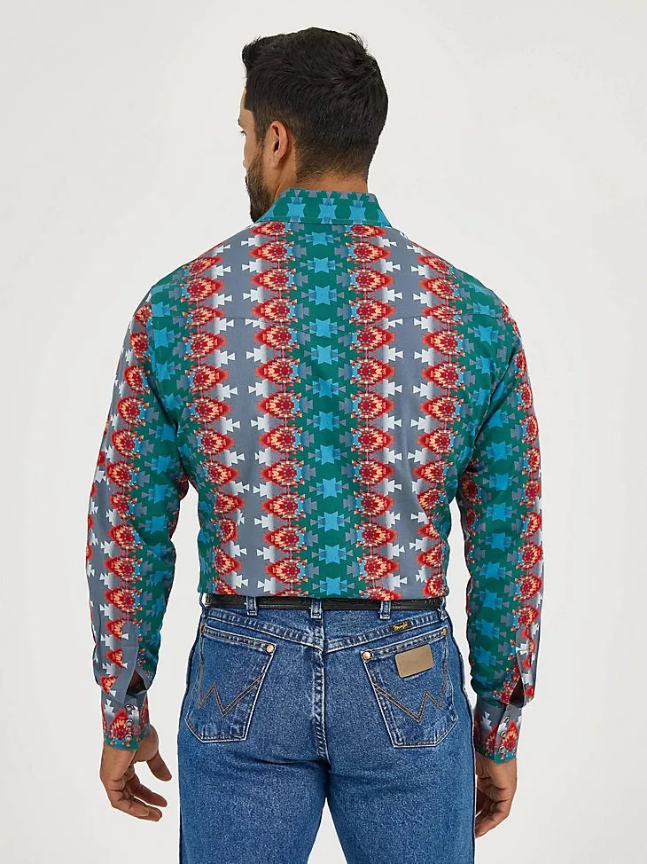 Wrangler Men's Checotah L/S Western Snap Shirt in Ocean Fire (Tall Sizes Available) EasyCare Fabric
