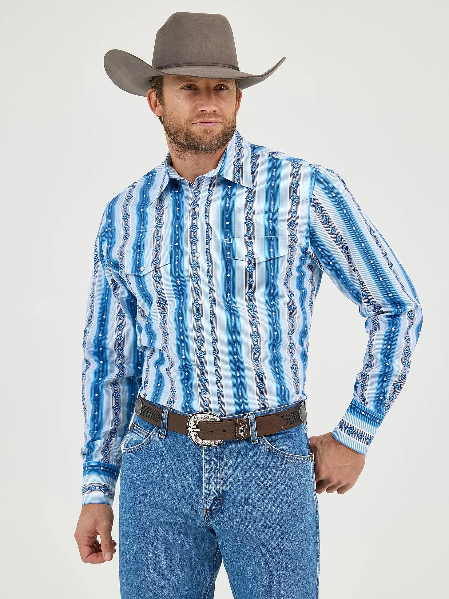 Practical Design Wrangler Men's Checotah L/S Western Snap Shirt in River Blue (Tall Sizes Available)