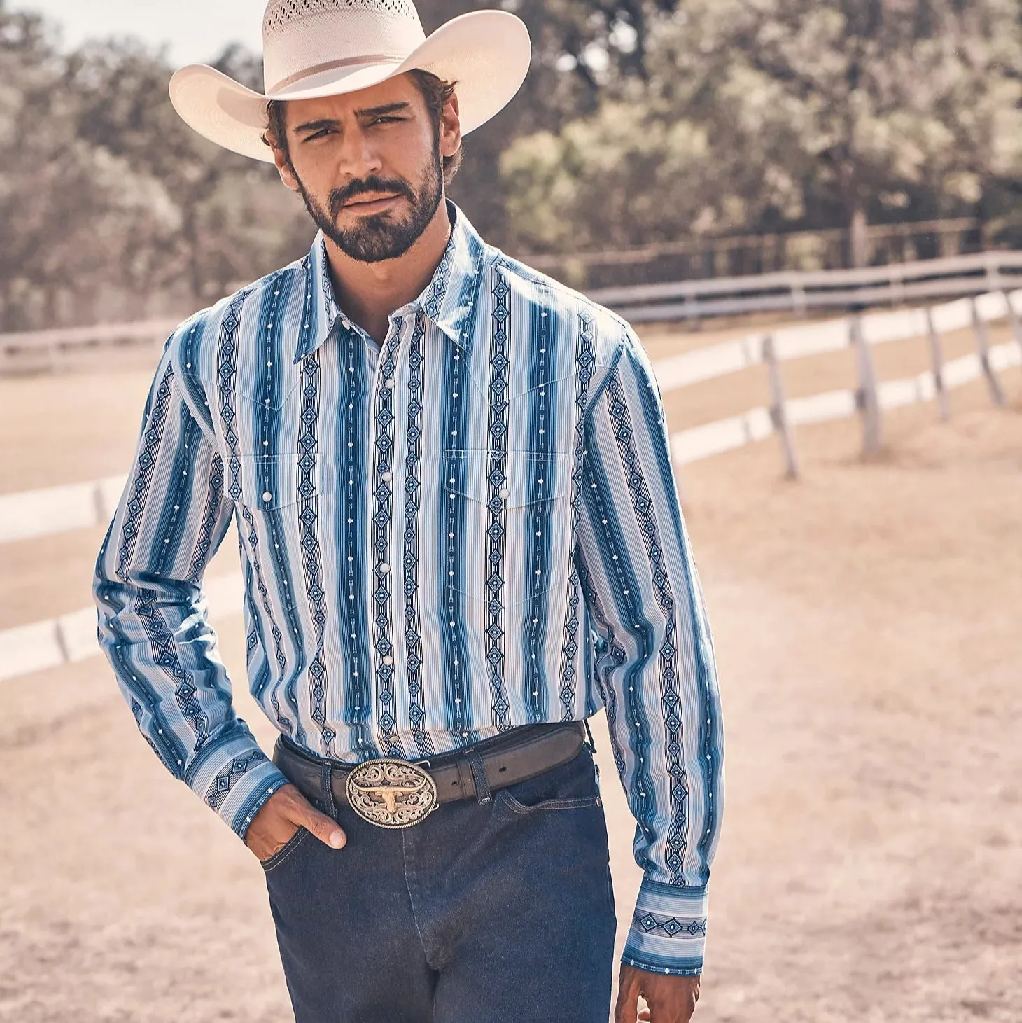 Wrangler Men's Checotah L/S Western Snap Shirt in River Blue (Tall Sizes Available) Seasonal top