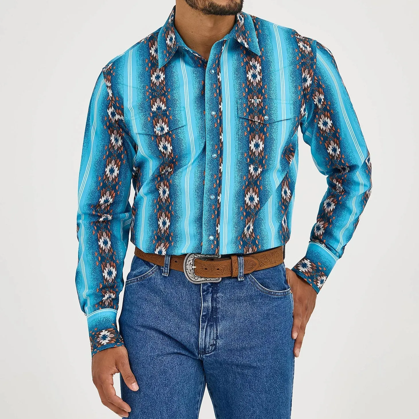 Wrangler Men's Checotah L/S Western Snap Shirt in Sea Salt Blue Sophisticated Casual futuristic