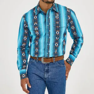 Wrangler Men's Checotah L/S Western Snap Shirt in Sea Salt Blue Sophisticated Casual futuristic