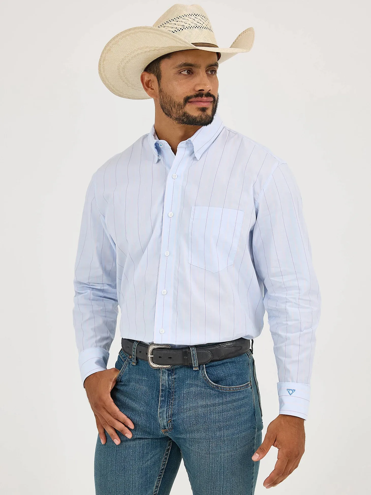 Wrangler Men's Cody Johnson L/S Pinstripe Button Down Shirt in Light Blue ZeroWaste Production