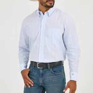 Wrangler Men's Cody Johnson L/S Pinstripe Button Down Shirt in Light Blue UV Protection Fabric