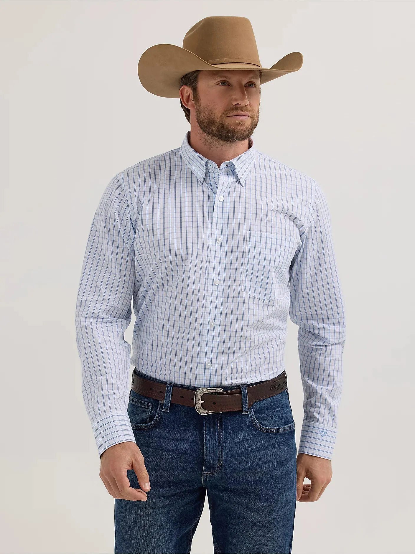 Cozy Apparel Wrangler Men's Cody Johnson L/S Square Button Down Shirt in Blue Windowpane