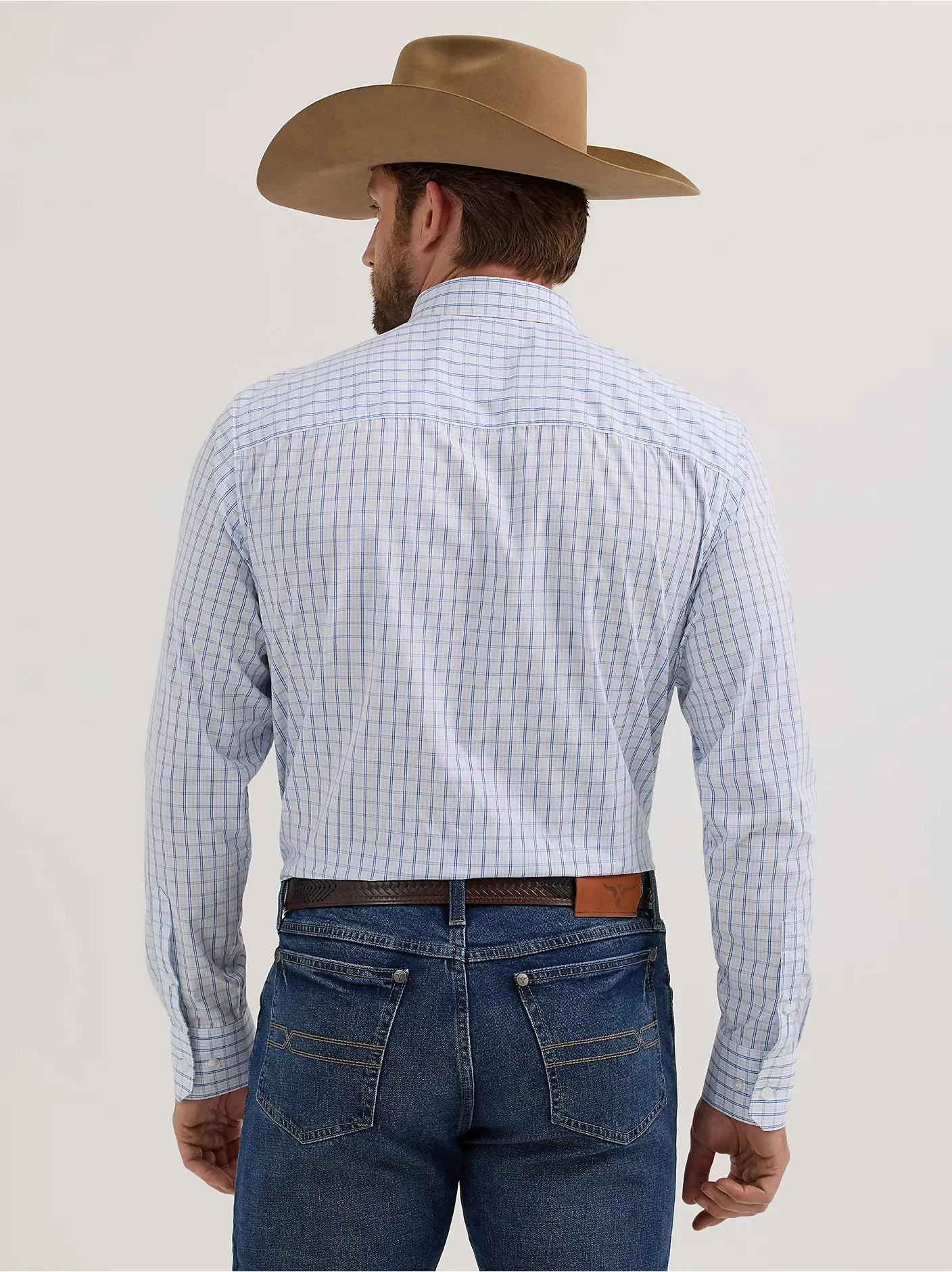 Flexible Fit Design Wrangler Men's Cody Johnson L/S Square Button Down Shirt in Blue Windowpane