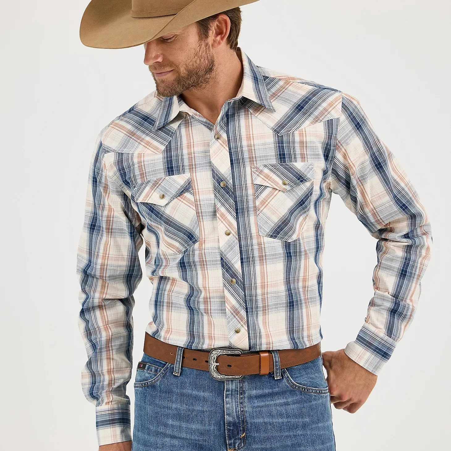 Trendy popularity Wrangler Men's L/S 20X Competition Western Snap Shirt in Shore Plaid (Available in Tall Sizes)