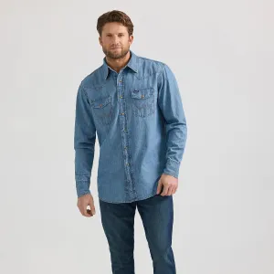 Cozy Vibes Retro nostalgia Wrangler Men's L/S Classic Denim Western Snap Shirt in Light Wash (Tall Sizes Available)