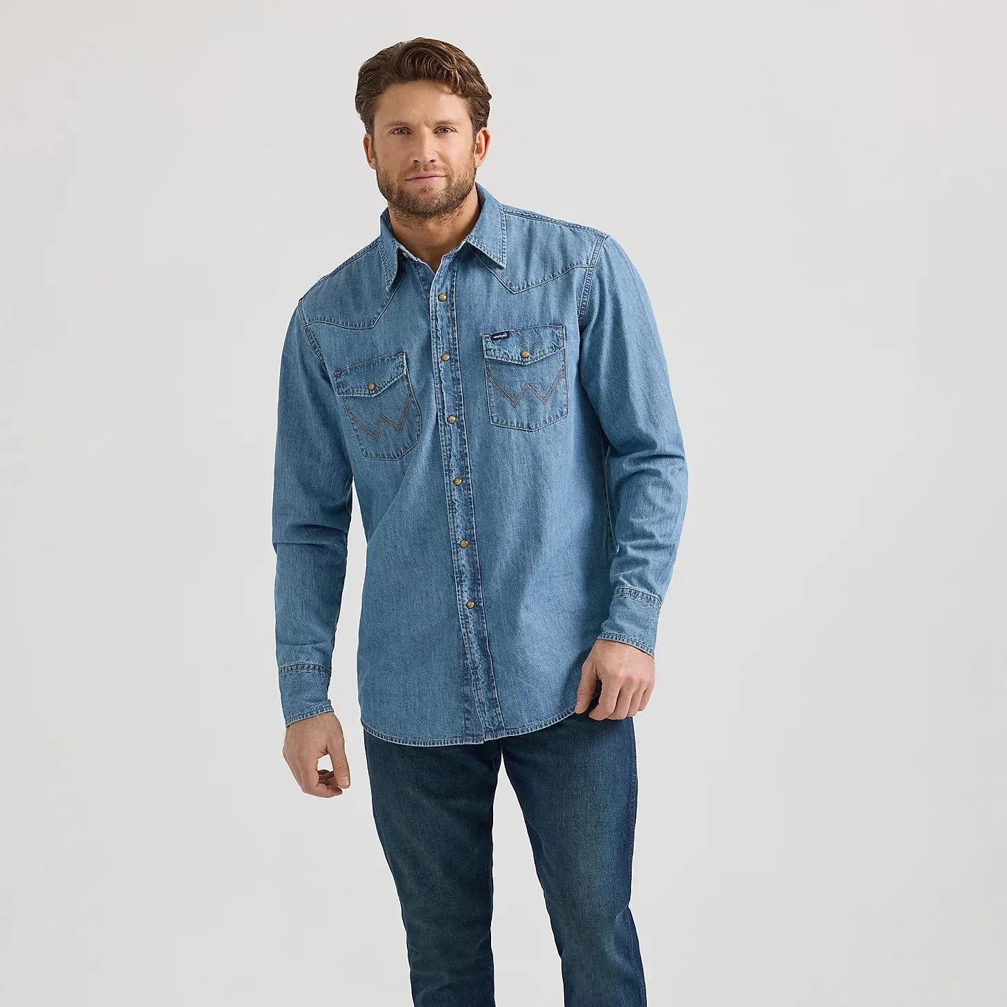 Cozy Vibes Retro nostalgia Wrangler Men's L/S Classic Denim Western Snap Shirt in Light Wash (Tall Sizes Available)