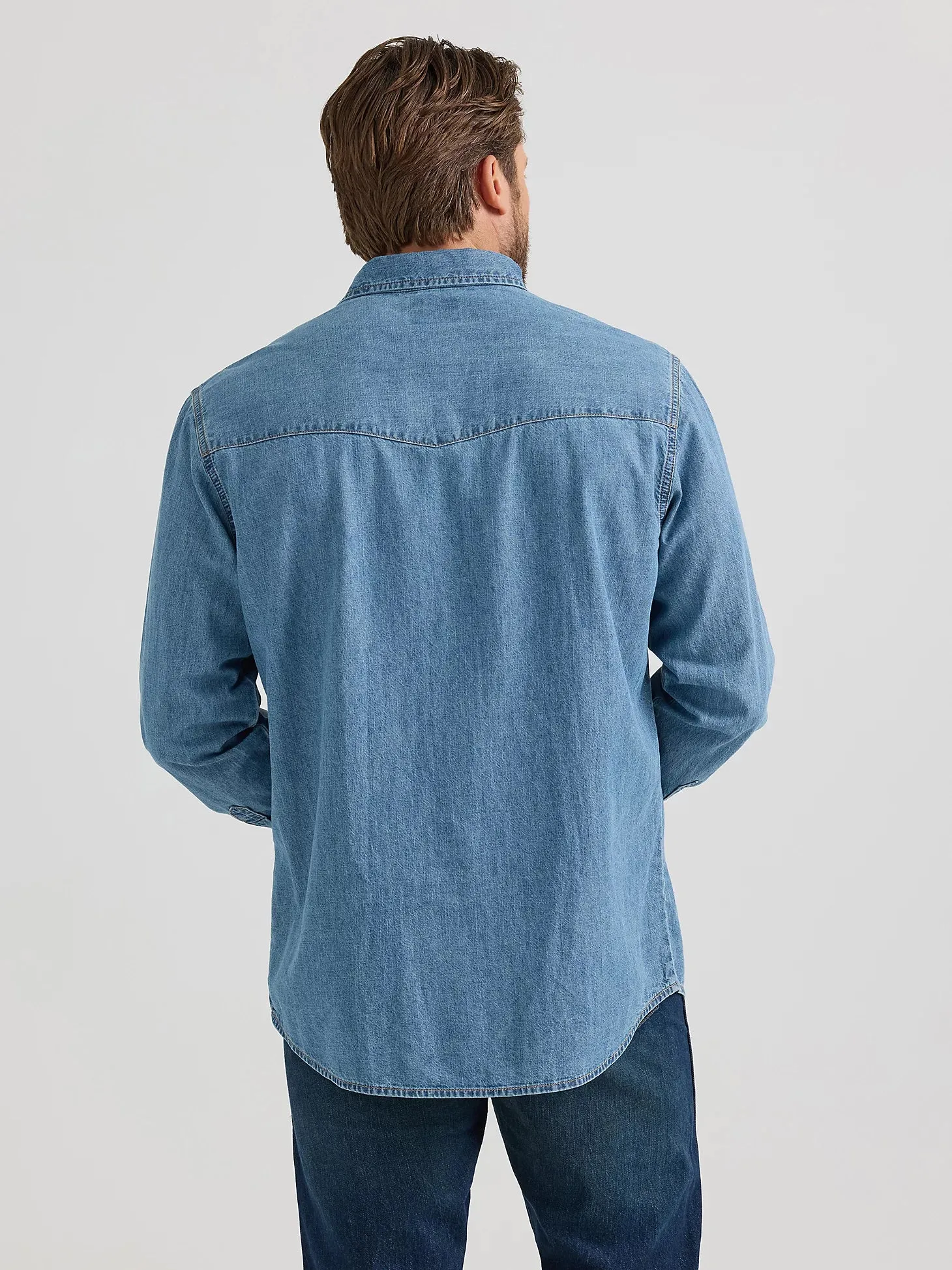 Wrangler Men's L/S Classic Denim Western Snap Shirt in Light Wash (Tall Sizes Available) BreathableMaterial