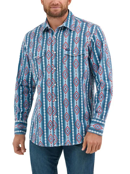Chilly Day Essentials Classic Cut Wrangler Men's L/S Classic Fit Vintage Americana Western Snap Shirt in Blue Print