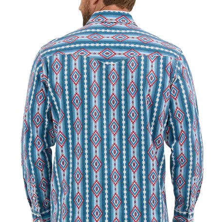 Wrangler Men's L/S Classic Fit Vintage Americana Western Snap Shirt in Blue Print High-Quality Fabric