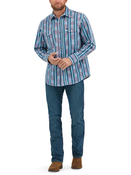 Wrangler Men's L/S Classic Fit Vintage Americana Western Snap Shirt in Blue Print All Season Wear Weekend Fashion