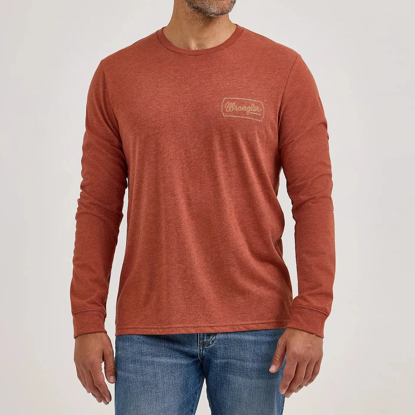 Smooth Flatlock Stitching Slim Comfort Wrangler Men's L/S Cowboy Back Graphic Tee in Henna Heather