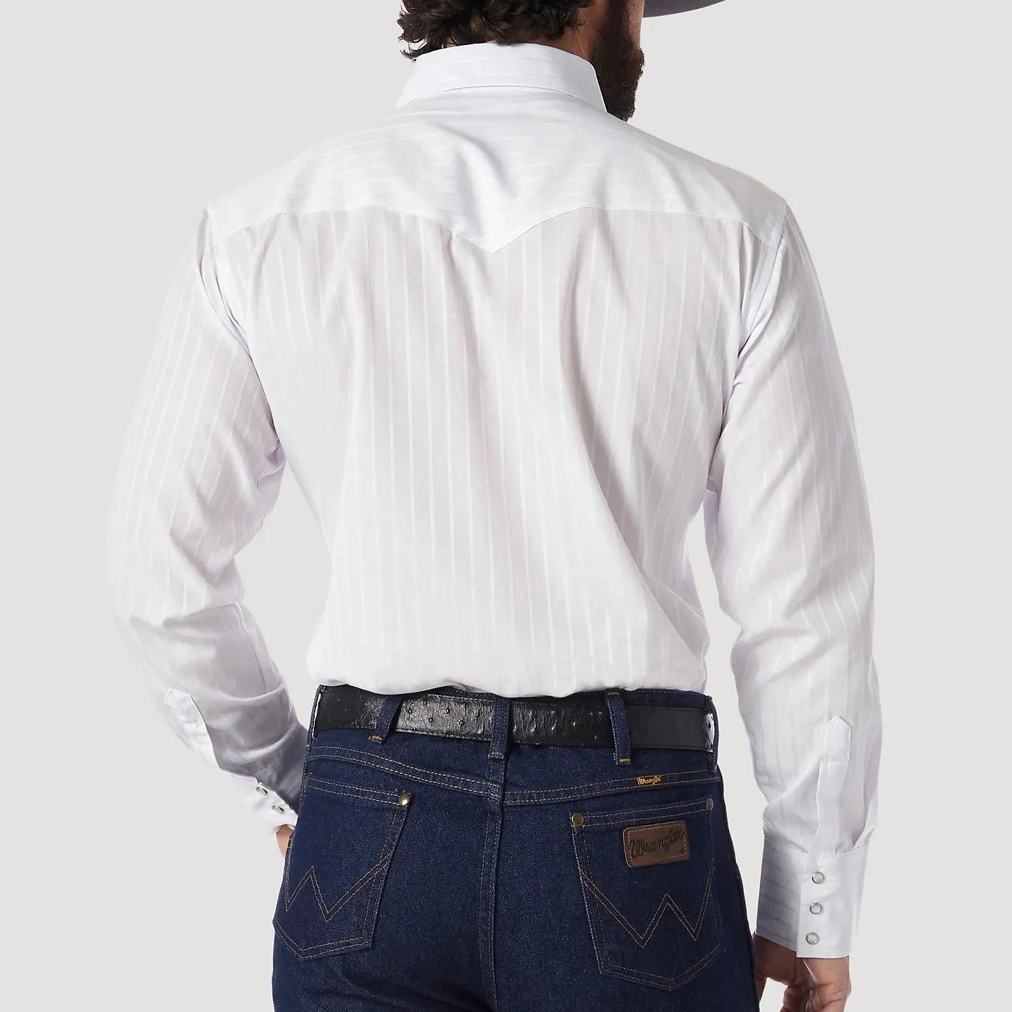 Wrangler Men's L/S Dobby Stripe Western Snap Shirt in White Beach Wear Reinforced Neckline