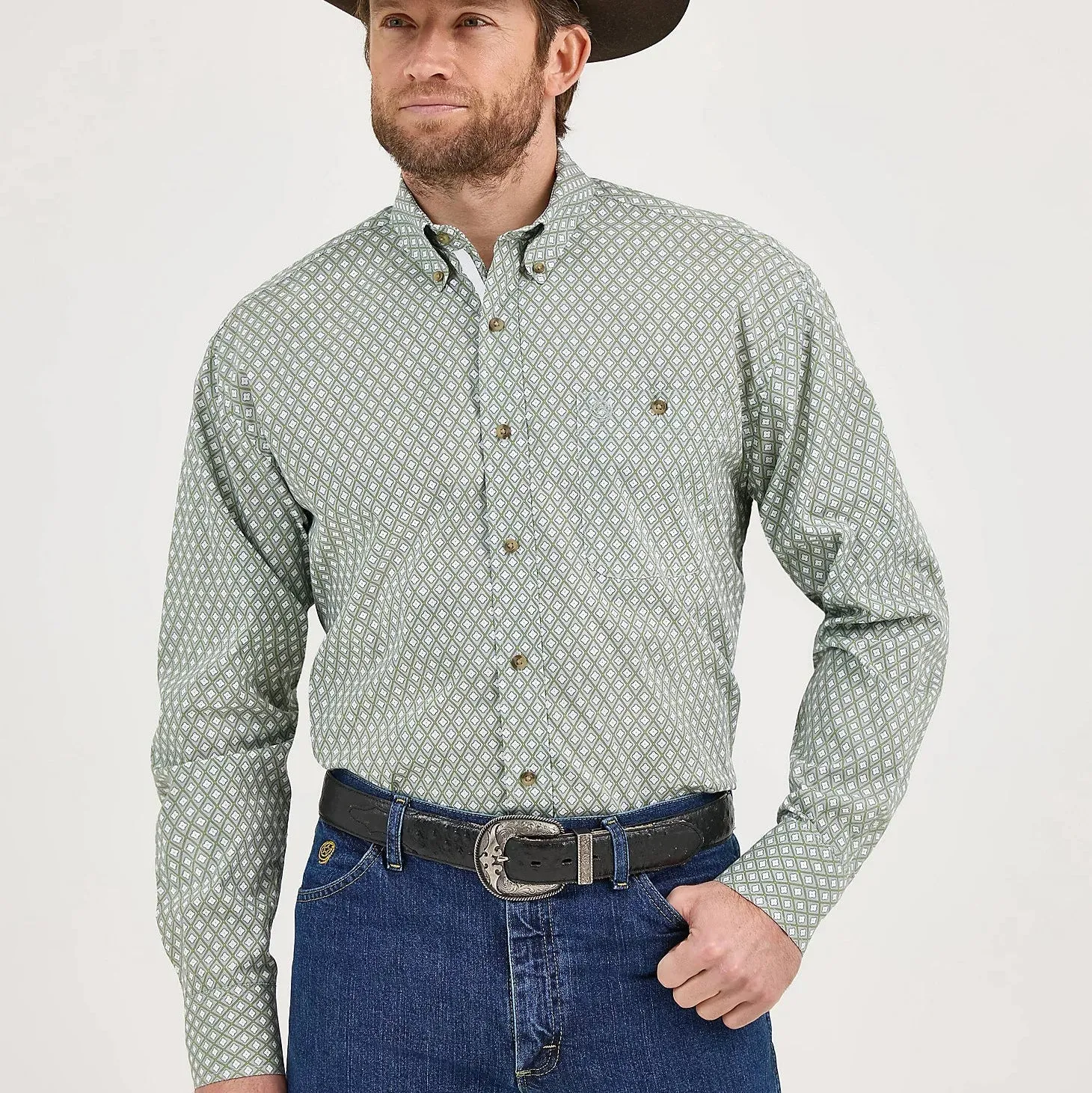loose but not baggy Layering Options Wrangler Men's L/S George Strait Floral Geometric Button Down Shirt in Grassy Diamonds