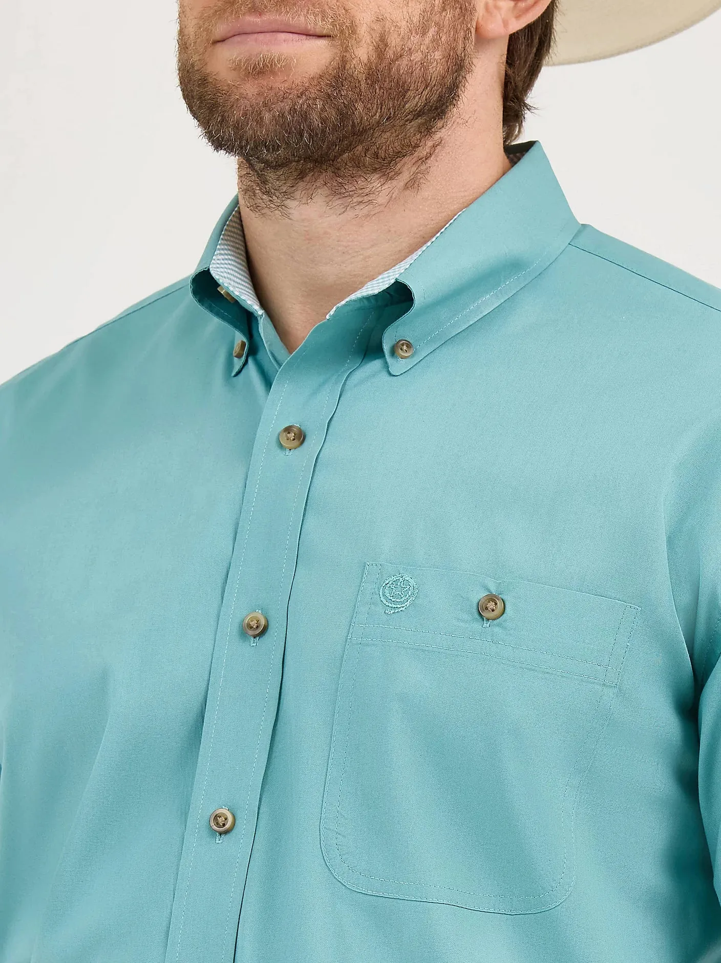 Pre Shrunk Cotton Stylish Look Wrangler Men's L/S George Strait Solid Button Down Shirt in Rich Teal