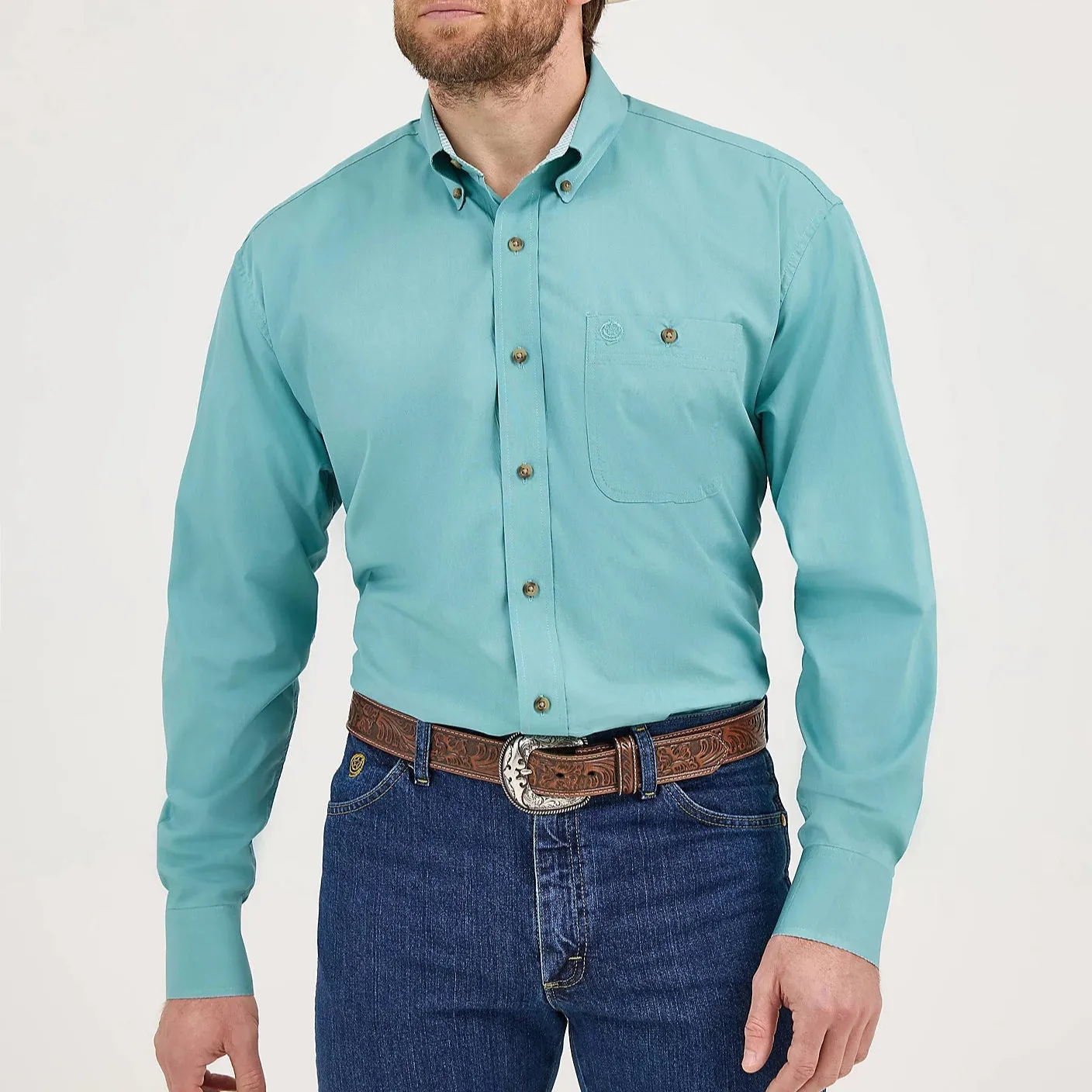 Wrangler Men's L/S George Strait Solid Button Down Shirt in Rich Teal simple design