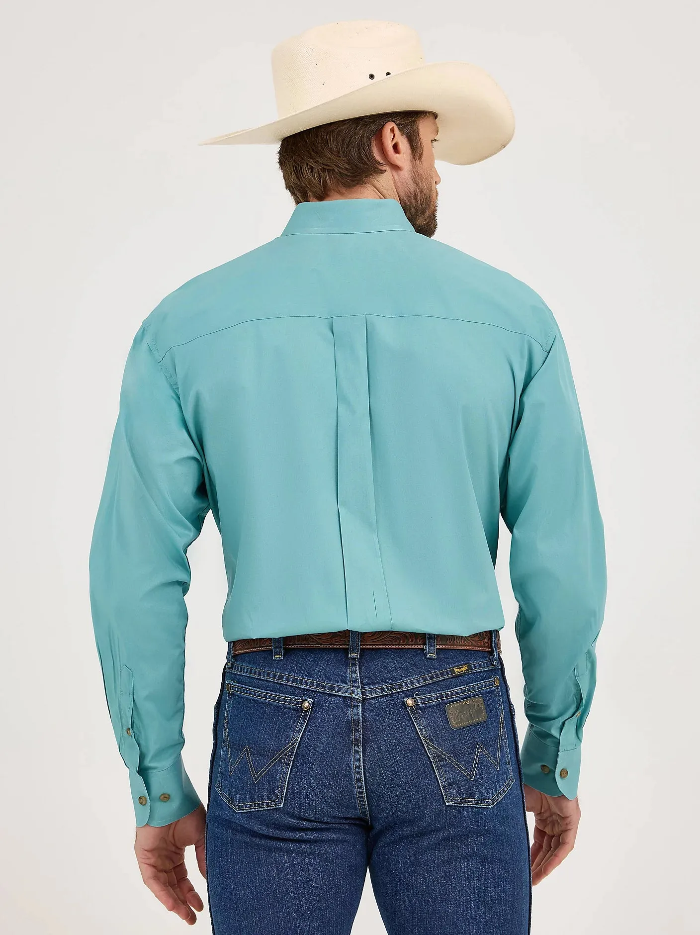 Wrangler Men's L/S George Strait Solid Button Down Shirt in Rich Teal Travel Comfort Style