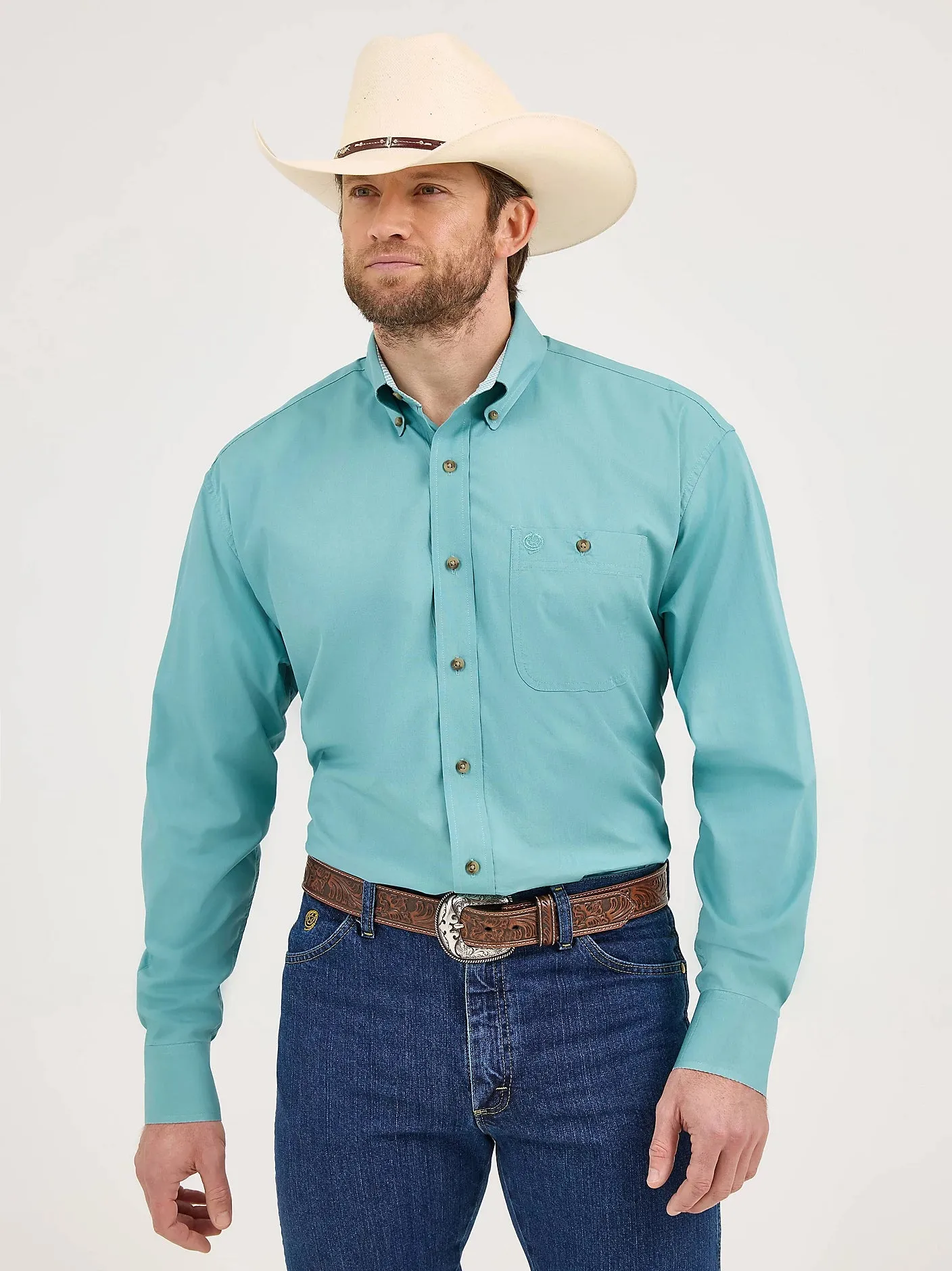 Sporty Active Wear Customer Favorite Wrangler Men's L/S George Strait Solid Button Down Shirt in Rich Teal