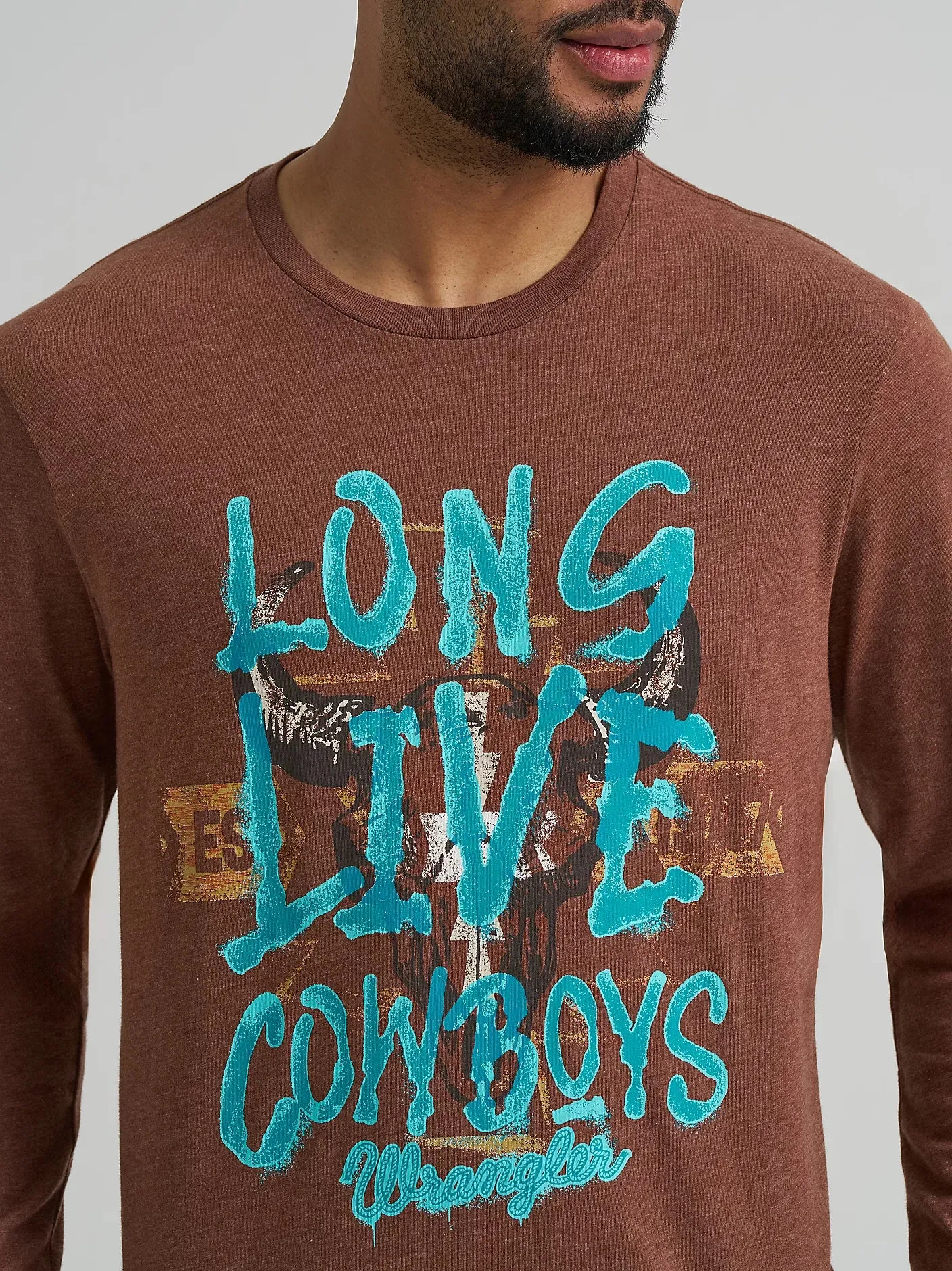 Wrangler Men's L/S Long Live Cowboys Front Graphic Tee in Cappuccino Heather Versatile Piece Ultimate Wear