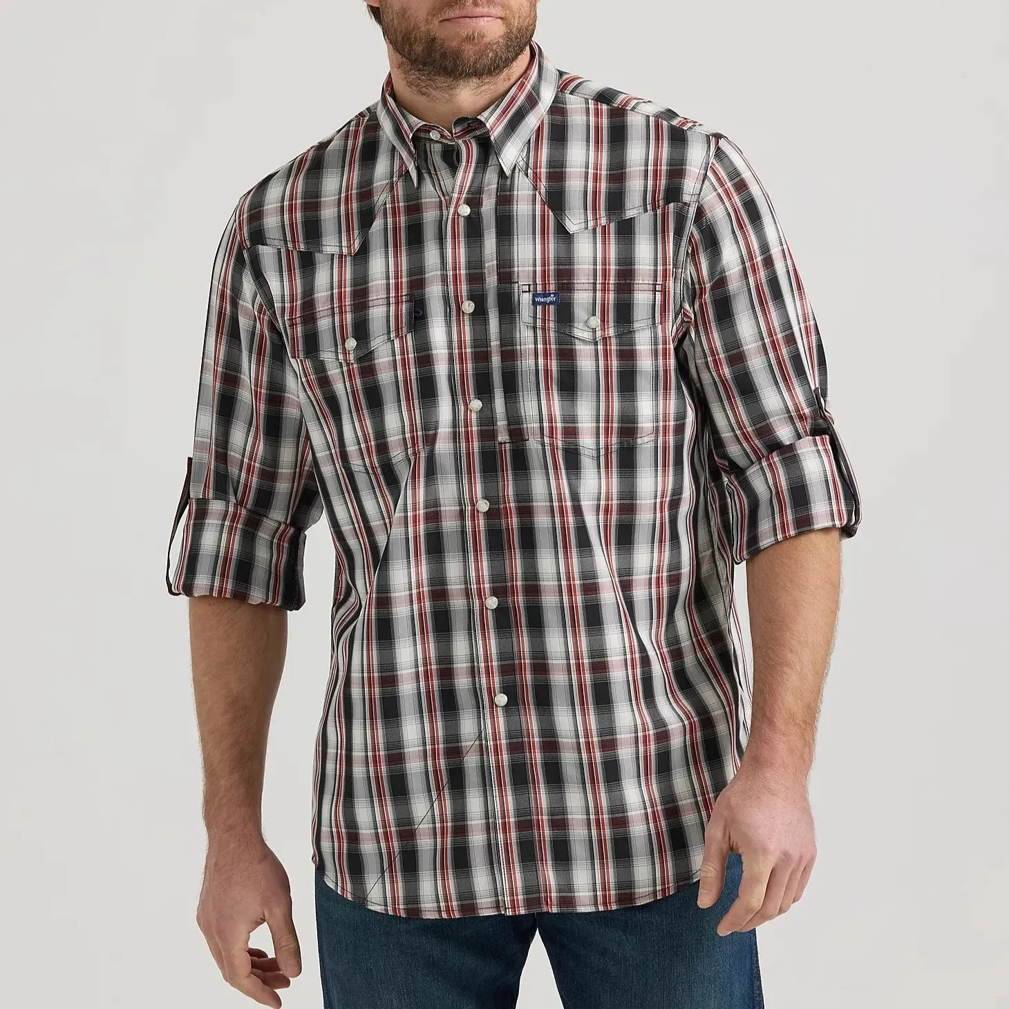 All Purpose Wear Wrangler Men's L/S Plaid Performance Western Snap Shirt in Black & Red