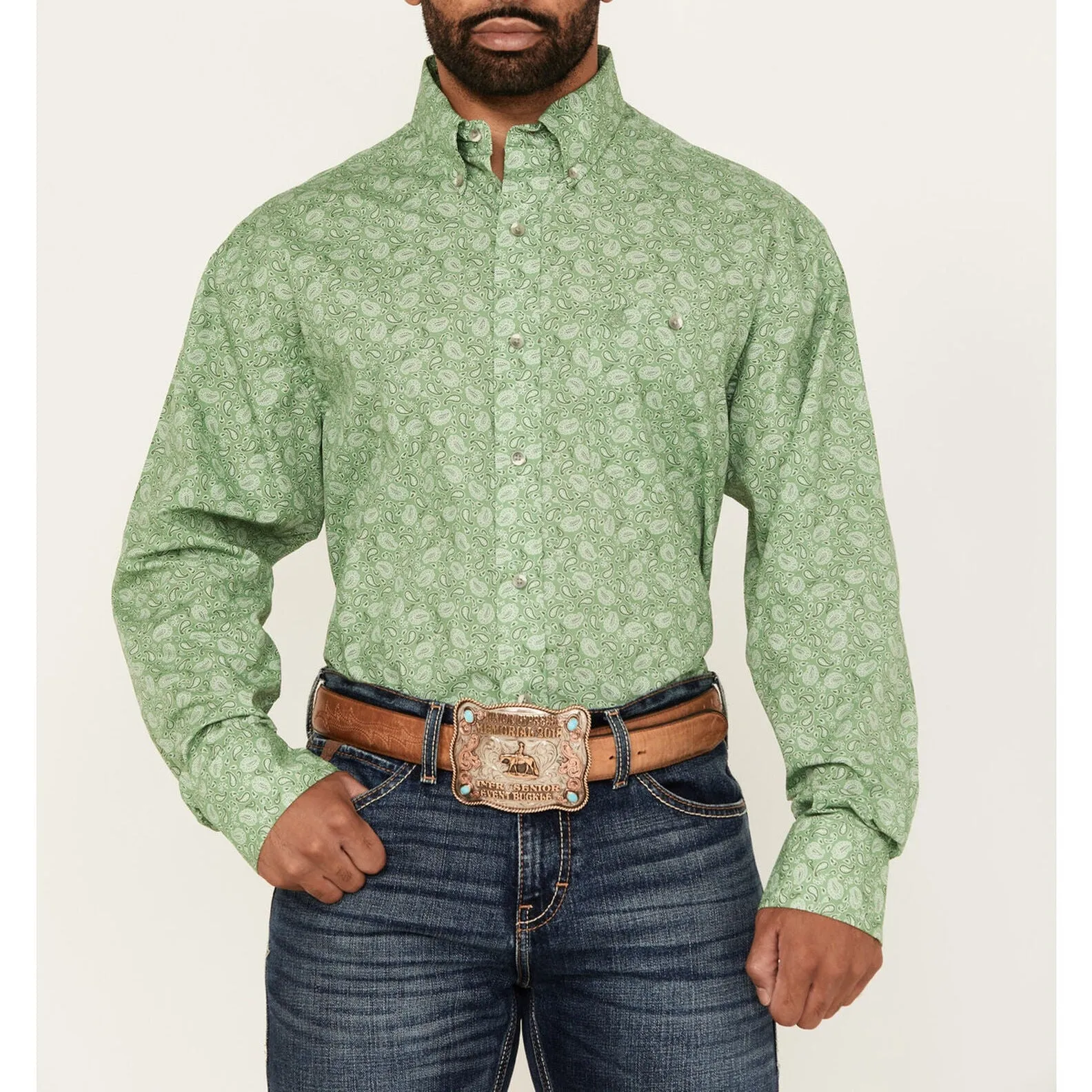 Wrangler Men's L/S Relaxed Paisley Button Down Shirt in Green AntiPillingTreatment Active Layering