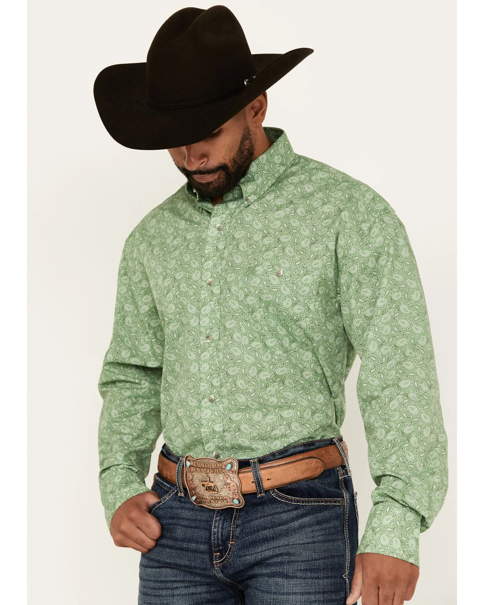 Wrangler Men's L/S Relaxed Paisley Button Down Shirt in Green Comfy Touch WrinkleResistant