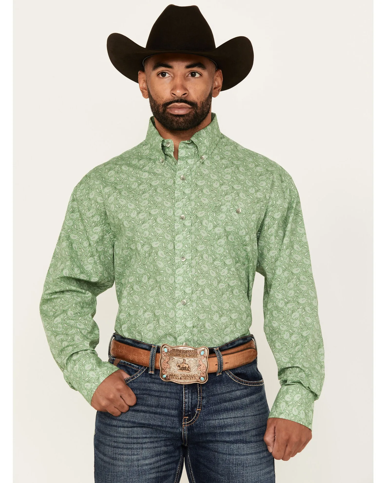 Effortless Vibe Perfect Fit Wear Wrangler Men's L/S Relaxed Paisley Button Down Shirt in Green