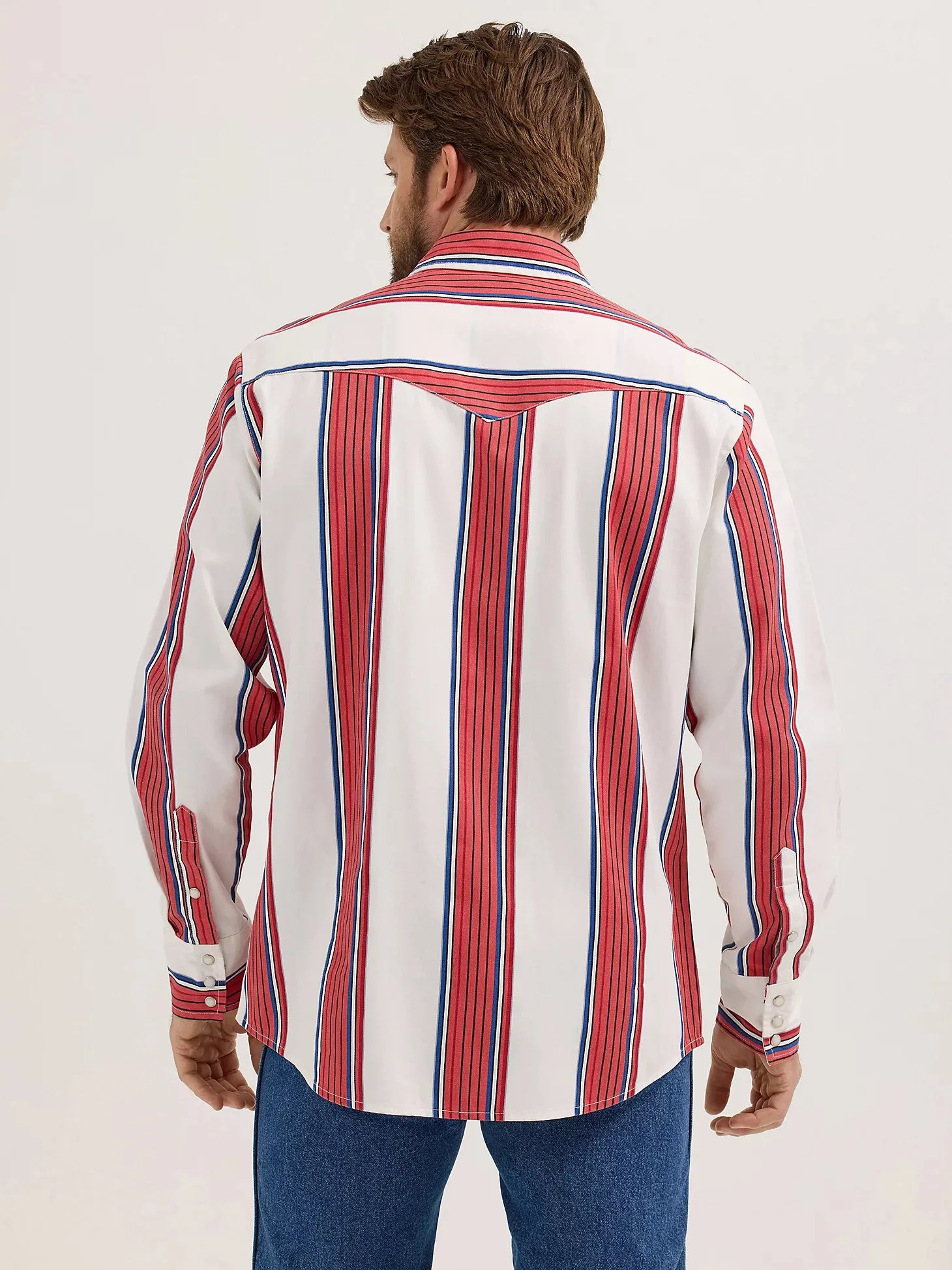 Wrangler Men's L/S Vintage Inspired Brushpopper Western Snap Work Shirt in Cherry Stripe Multi Panel Design