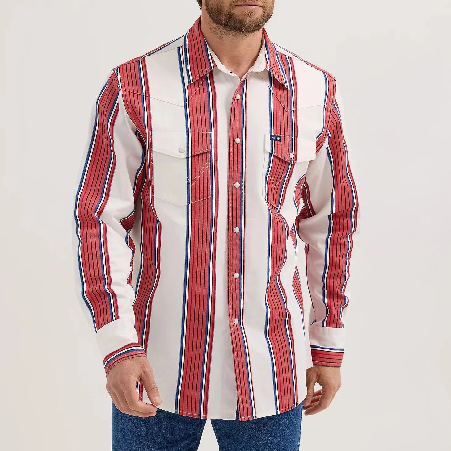 Wrangler Men's L/S Vintage Inspired Brushpopper Western Snap Work Shirt in Cherry Stripe Sleek Fit Wear Casual Wearable