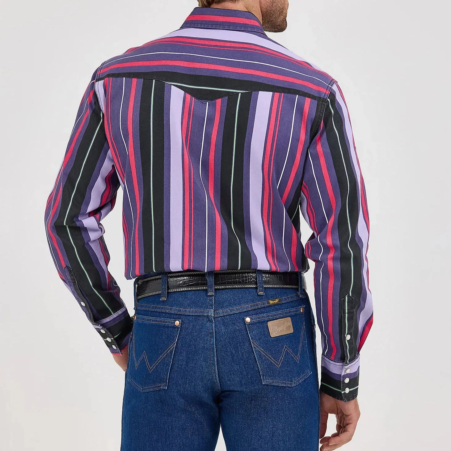 Wrangler Men's L/S Vintage Inspired Brushpopper Western Snap Work Shirt in Violet Stripe Comfort Fit