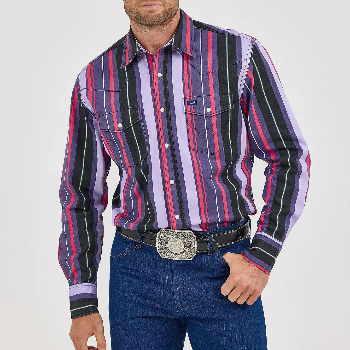 Wrangler Men's L/S Vintage Inspired Brushpopper Western Snap Work Shirt in Violet Stripe Chic Smart