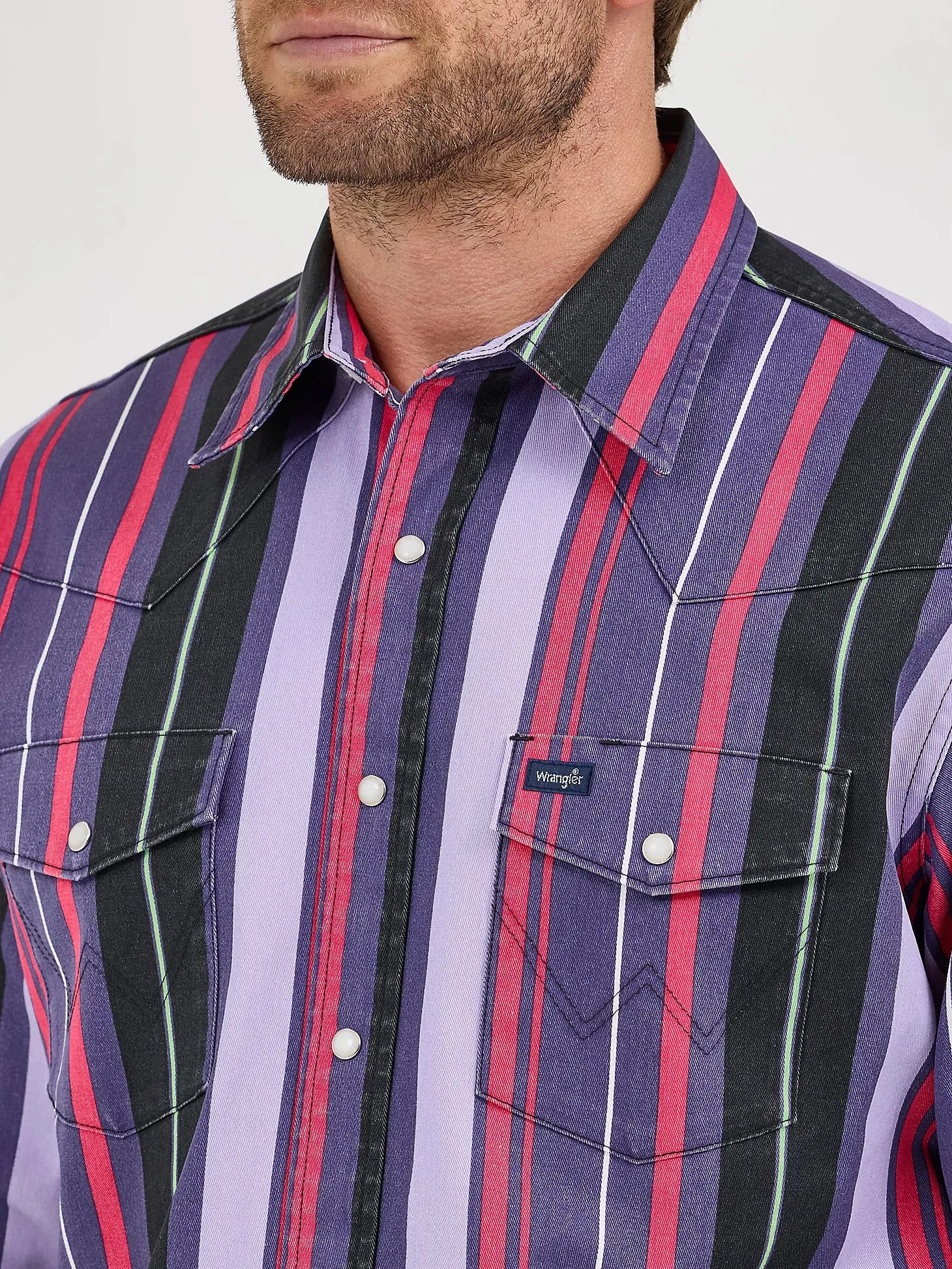 Wrangler Men's L/S Vintage Inspired Brushpopper Western Snap Work Shirt in Violet Stripe Minimal Style Trend