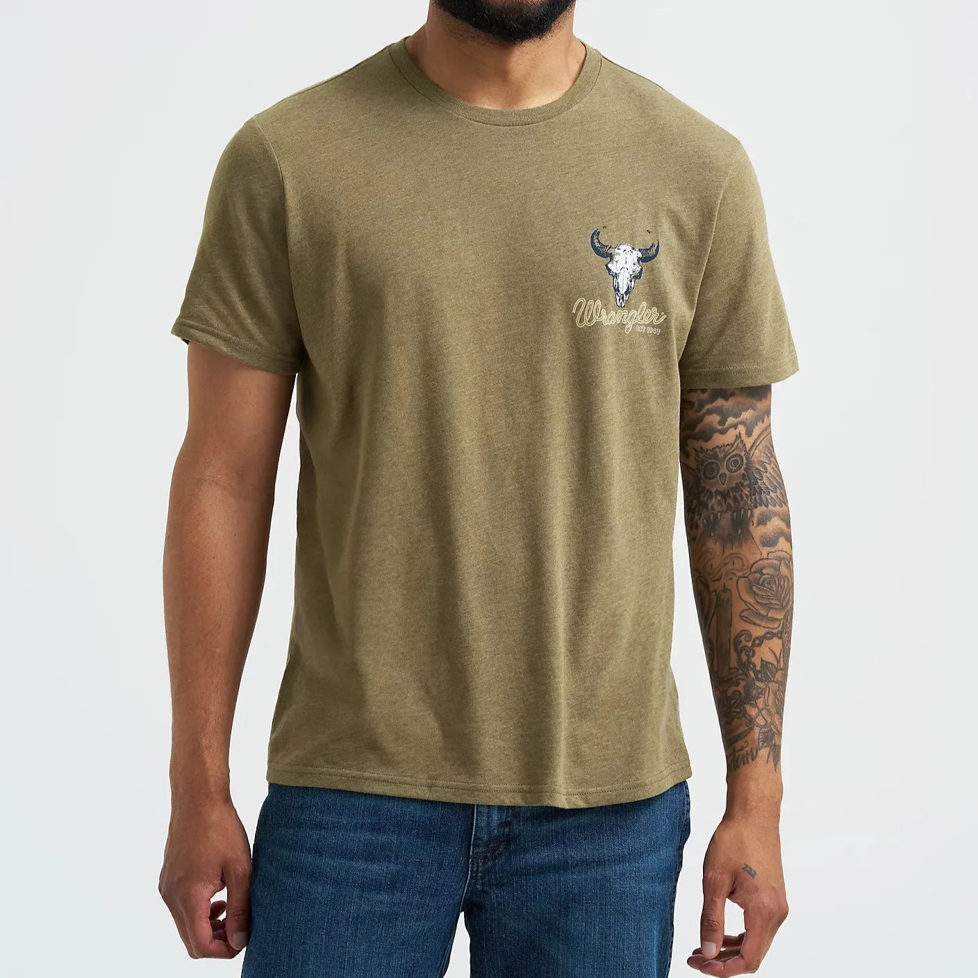 Wrangler Men's Spirit of the West Graphic T-Shirt in Burnt Olive Vintage Wash Effect