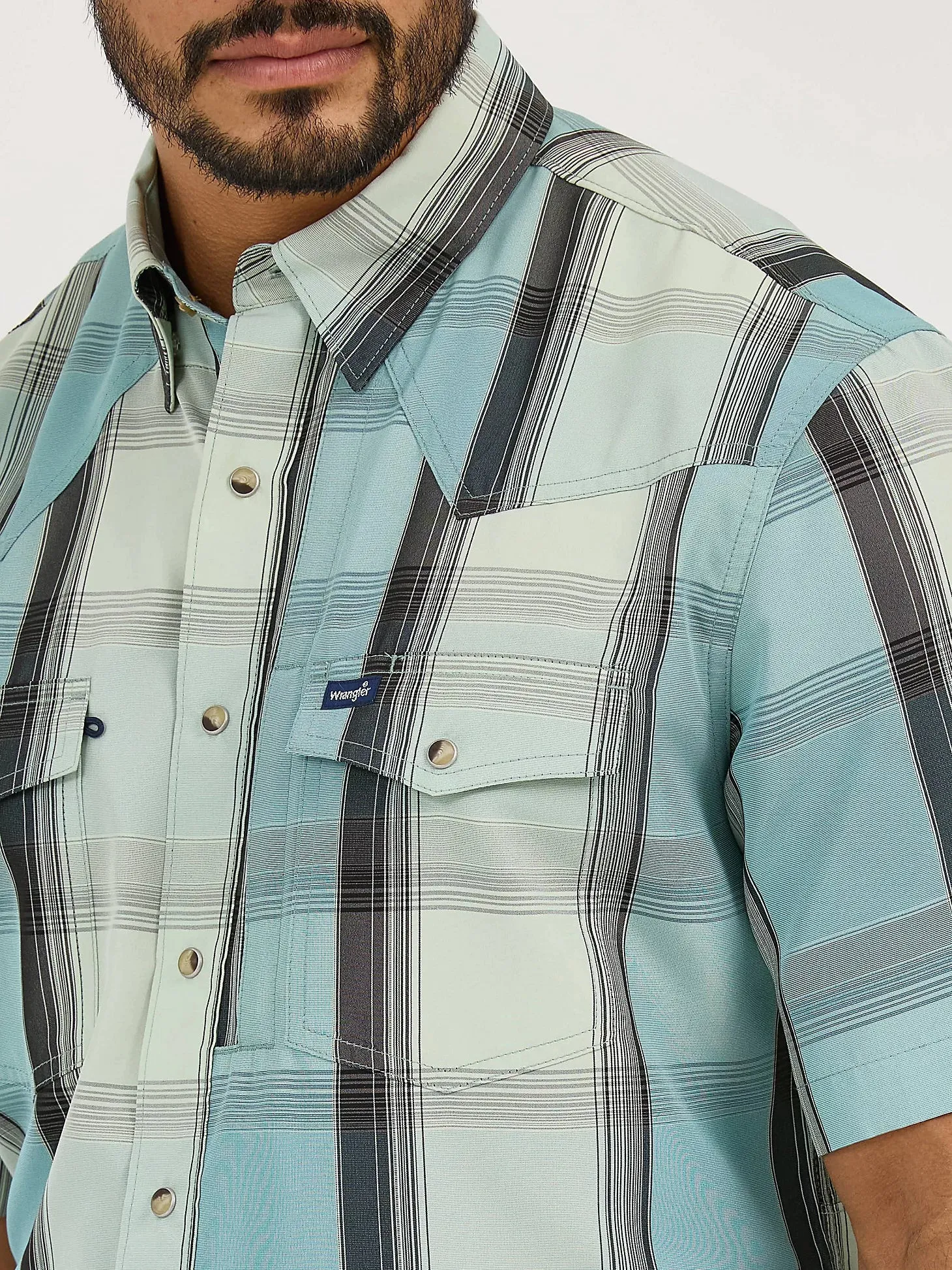 casual top Wrangler Men's S/S Plaid Performance Western Snap Shirt in Cloudy Blues (Available in Tall Sizes)