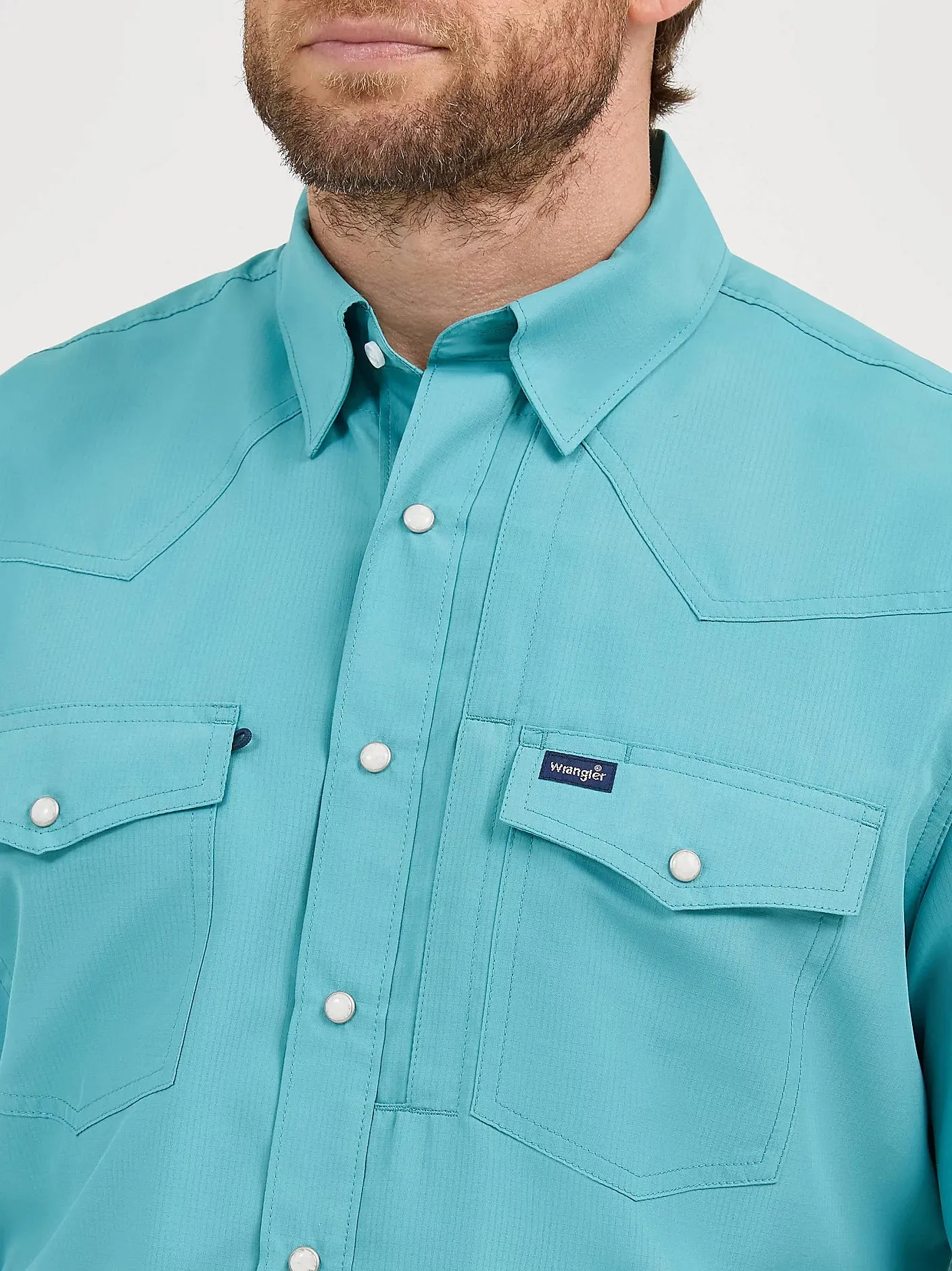 Wrangler Men's S/S Solid Performance Western Snap Shirt in Muted Teal Casual Must-Have Sporty essentials