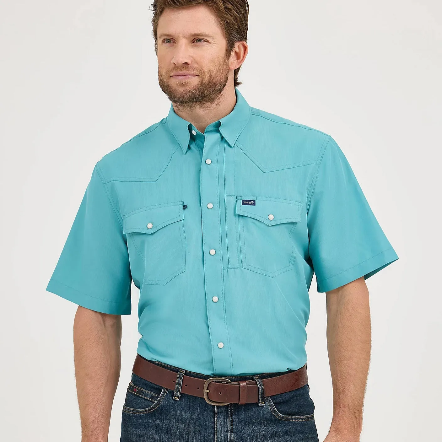 Wrangler Men's S/S Solid Performance Western Snap Shirt in Muted Teal Unisex Fit Light Flex Fit