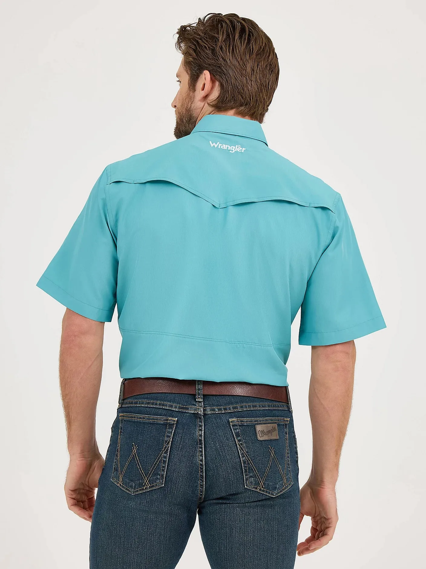 Wrangler Men's S/S Solid Performance Western Snap Shirt in Muted Teal vacation wear Flattering Shape