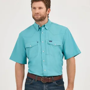 Wrangler Men's S/S Solid Performance Western Snap Shirt in Muted Teal Unisex Fit Light Flex Fit