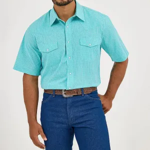 Outdoor Adventure Recycled Polyester Wrangler Men's S/S Wrinkle Resist Plaid Western Snap Shirt in Bright Turquoise