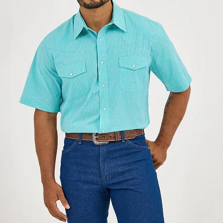 Outdoor Adventure Recycled Polyester Wrangler Men's S/S Wrinkle Resist Plaid Western Snap Shirt in Bright Turquoise